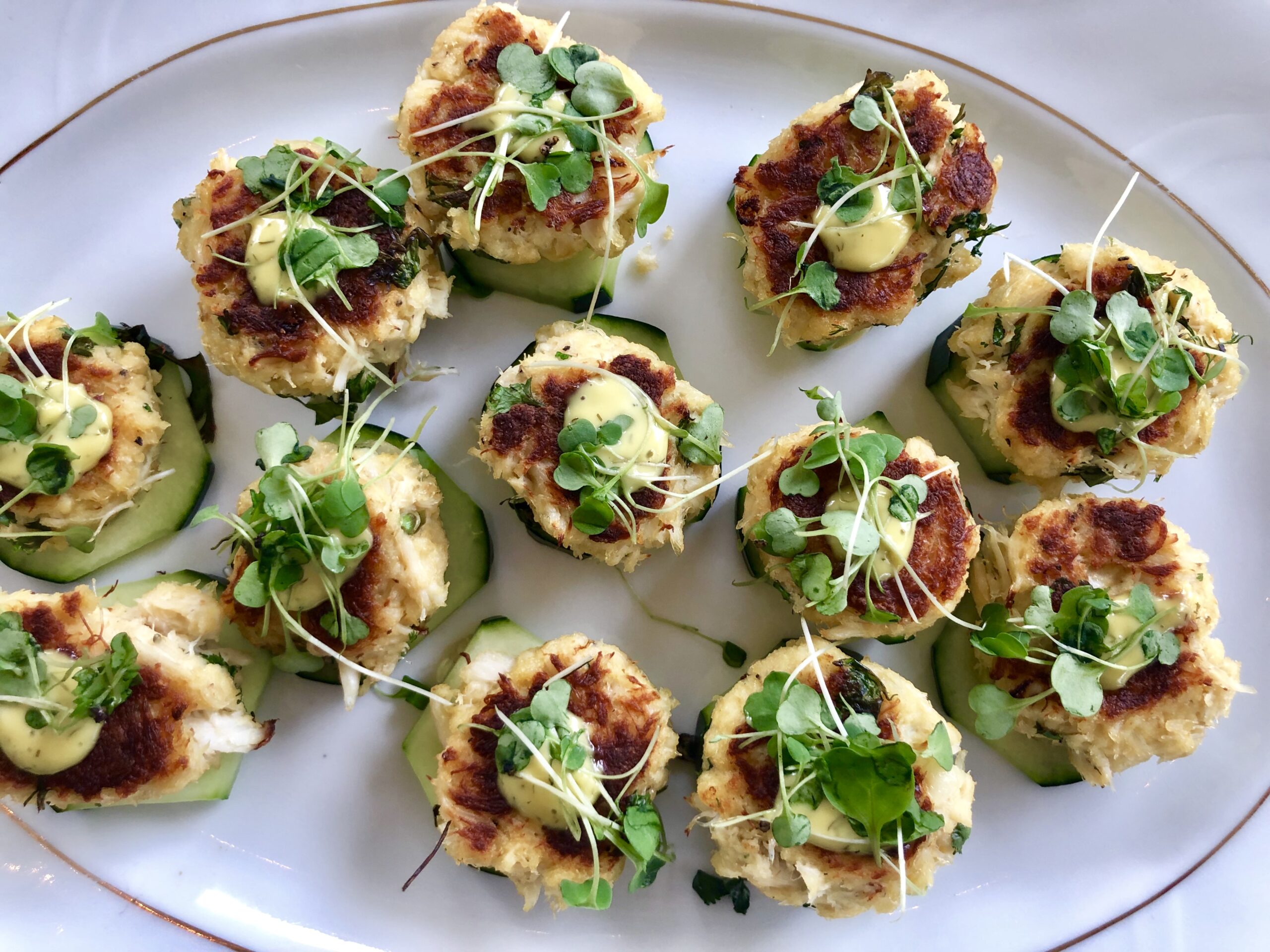 Mini Lemony Crab Cakes- on cucumber with dill mustard mayo