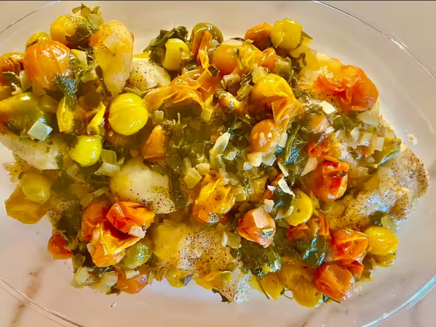 Buttery Tomato Smothered Chilean Bass