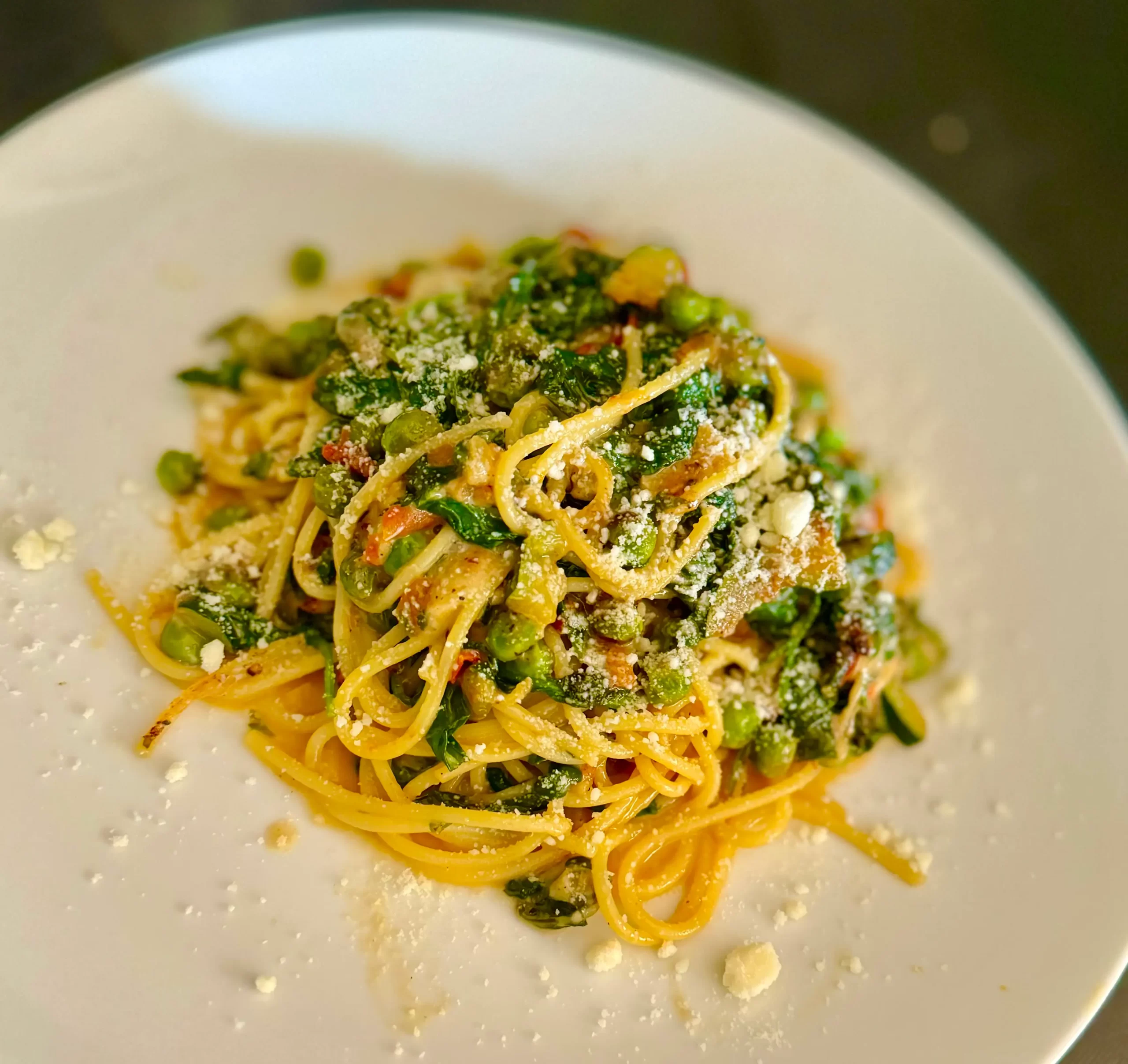 Lemon Spaghetti -with Peas, Shallots, Tomato, Baby Spinach & Parmesan